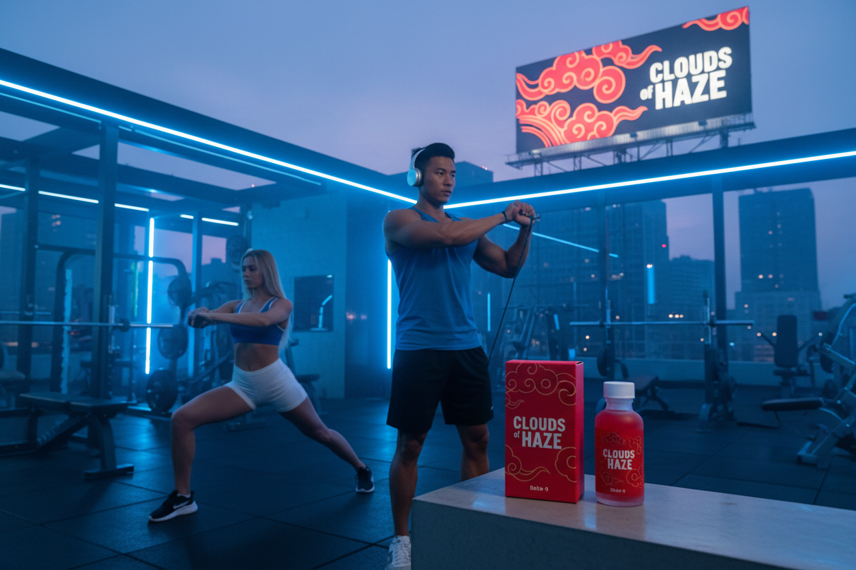 a young Russian female wearing white spandex, shorts, asian young male body builder wearing muscle shirt, wearing headphones, stretching,  blue theme gym, gym on a roof top,chinese clouds theme billboard that says "CLOUDS of HAZE" near buildings in background, led lights, there is a 2oz bottle of red liquid, bottle has chinese  red clouds theme , bottle says "CLOUDS of HAZE", there is a red box for the bottle, the bottle is sitting box, the box  has chinese clouds theme, the box says "CLOUDS of HAZE Delta-9