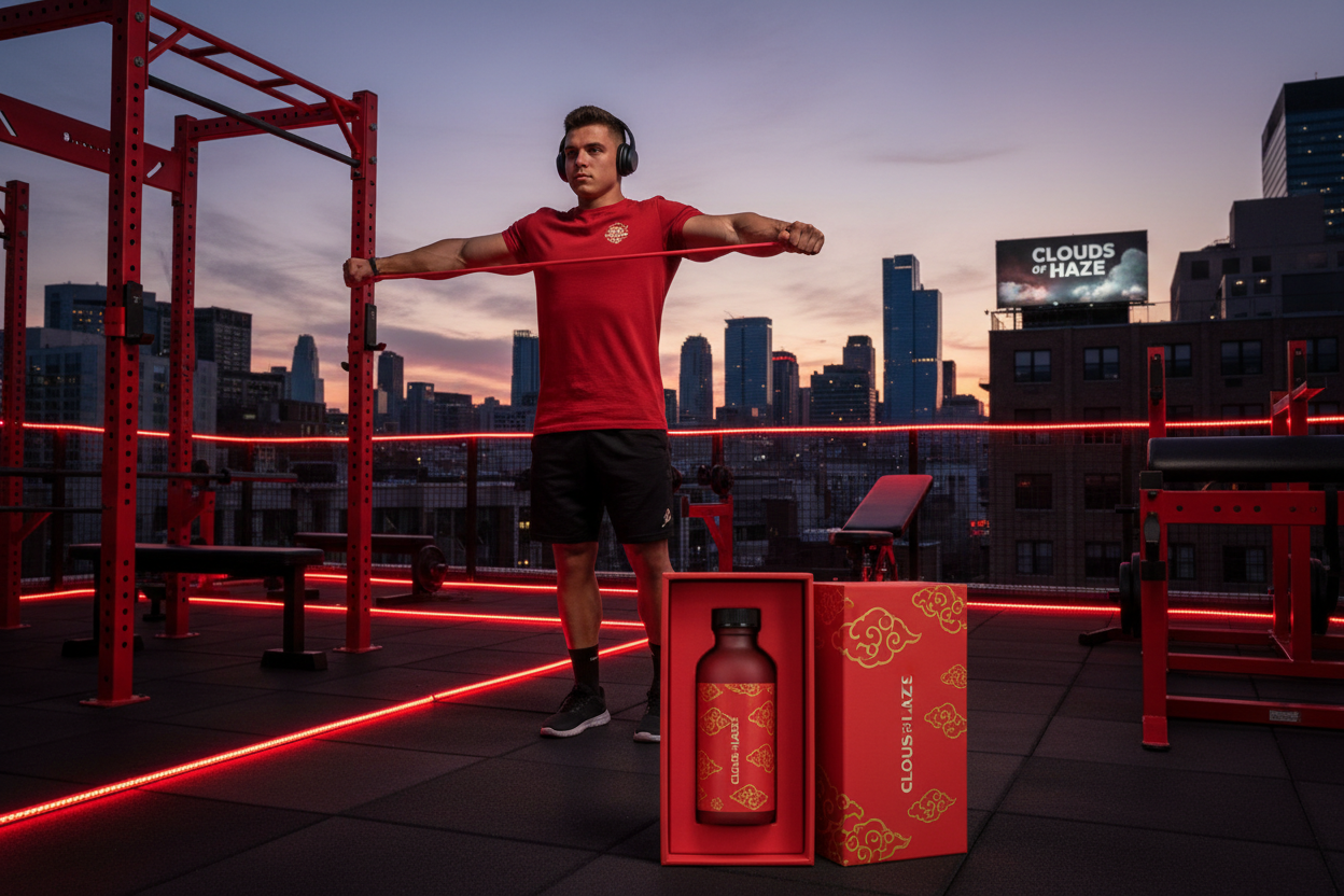 a young Russian male body builder wearing a muscle shirt, buildings in background, billboard in background outside says "CLOUDS of HAZE" chinese clouds theme, wearing headphones, stretching, in a red theme gym, gym is on a roof top, led lights, there is a 2oz bottle of red liquid, the bottle has chinese clouds theme , the bottle says "CLOUDS of HAZE", there is a box for the bottle, the bottle is sitting box, the box  has chinese clouds theme, the box says "CLOUDS of HAZE Delta-9"
