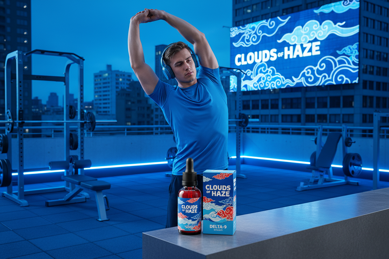 a young Russian male body builder wearing a muscle shirt, wearing headphones, stretching, in a blue theme gym, gym is on a roof top,there is a chinese clouds theme billboard that says "CLOUDS of HAZE" near the buildings in the background, led lights, there is a 2oz bottle of red liquid, the bottle has chinese clouds theme , the bottle says "CLOUDS of HAZE", there is a box for the bottle, the bottle is sitting box, the box  has chinese clouds theme, the box says "CLOUDS of HAZE Delta-9"