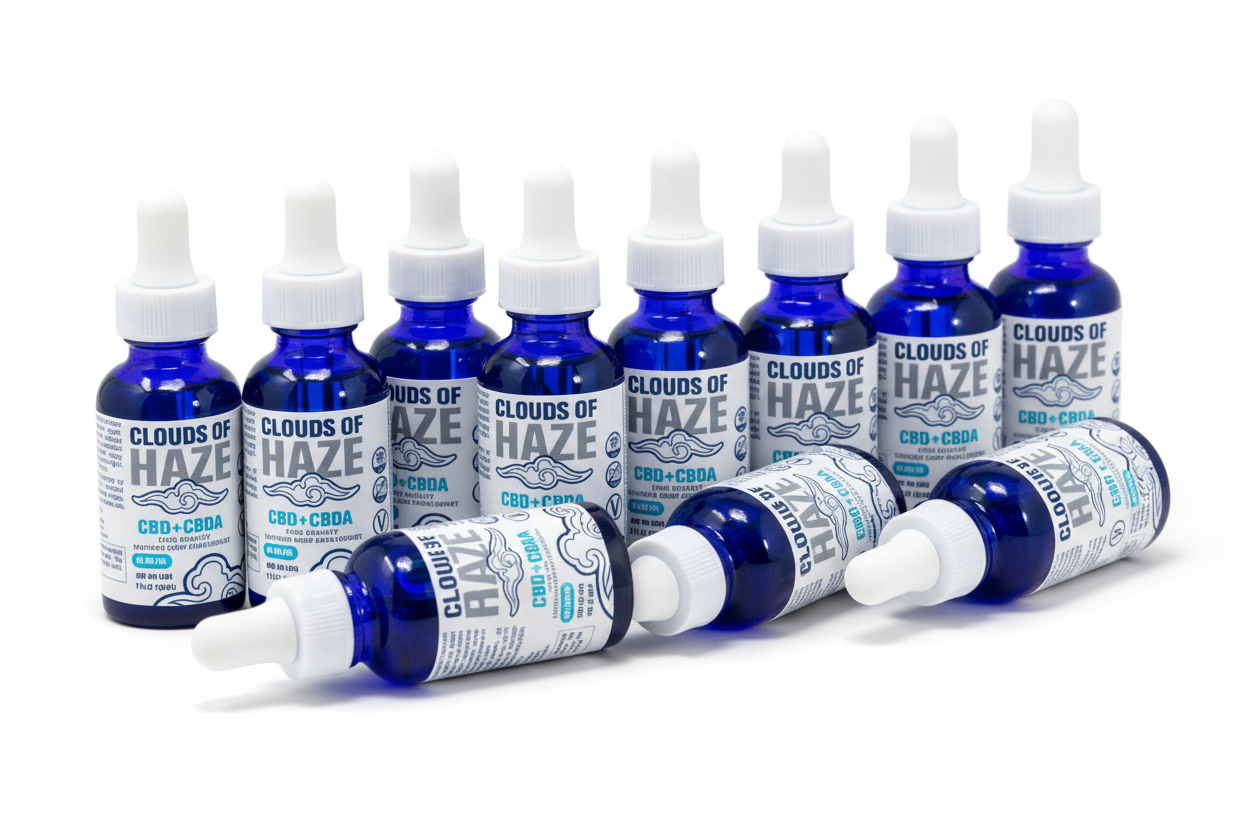 Close-up of 10 Clouds of Haze bottles laying on side