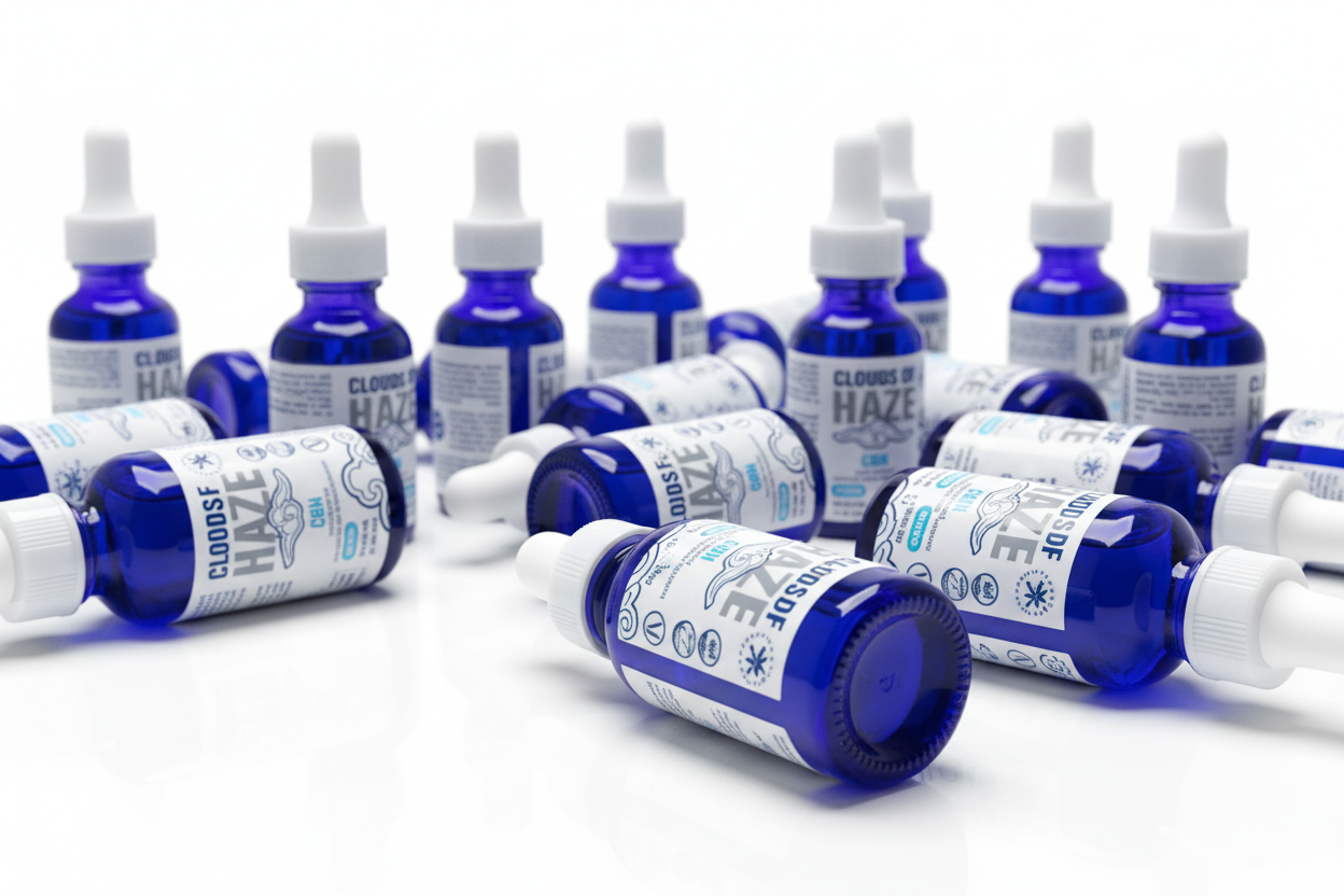Close-up of 20 Clouds of Haze CBN bottles laying on side