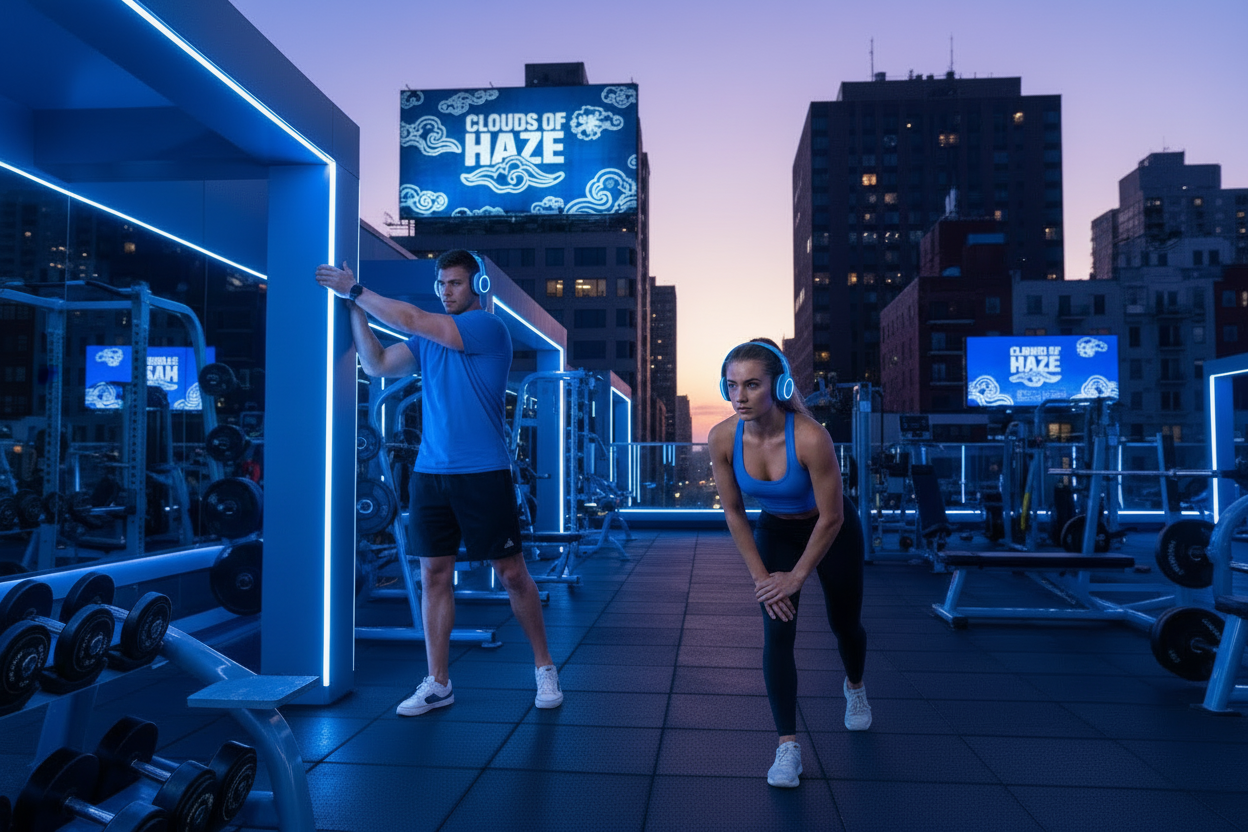 Rooftop Gym Scene with CLOUDS of HAZE